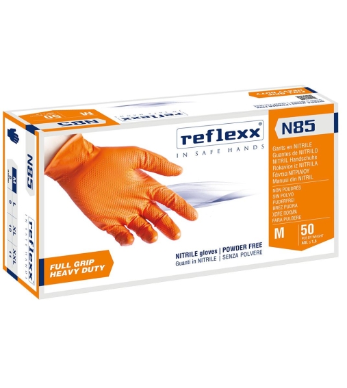 Immagine 0 di Guanti in nitrile arancioni reflexx n85 senza polvere full grip da 50 Pezzi gr. 8,4 ultra resistente
