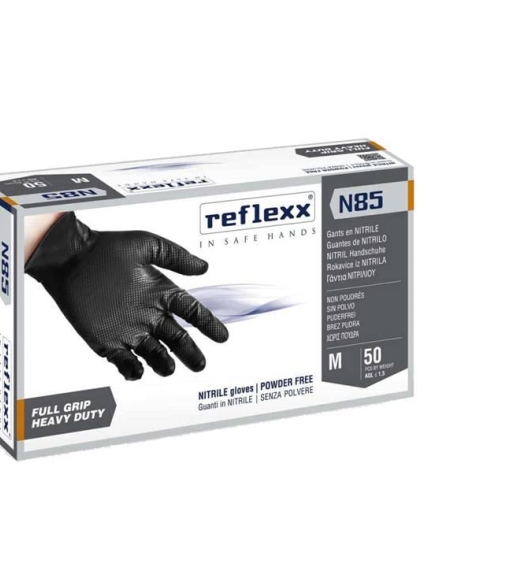 Guanti in nitrile nero reflexx n85 senza polvere full grip da 50 Pezzi gr.  8,4 ultra resistente - Guanti Nitrile Neri-Arancio - Reflexx