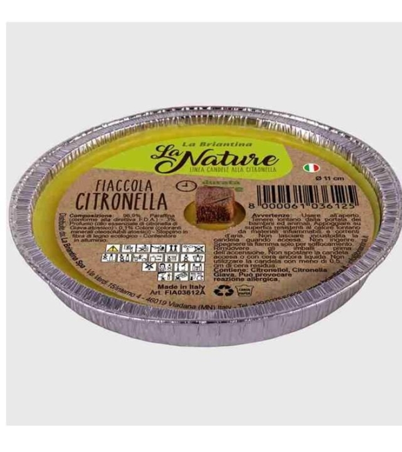 Fiaccola alla citronella in contenitore di alluminio con stoppino in fibra di legno